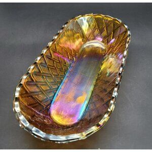 Indiana Glass Oval Bowl Woven Basket Weave Scalloped Orange Iridescent JJ1544
